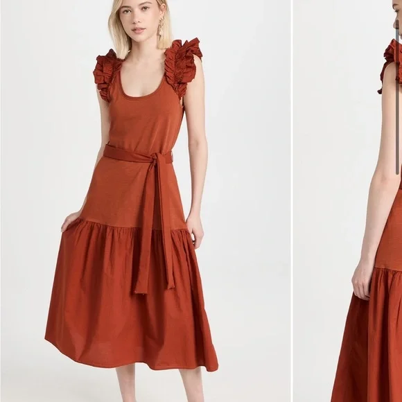 Nation Everleigh Frilly Dress Cayenne Red Orange poplin flutter sleeve Sz XS - Picture 2 of 14